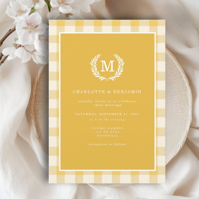 Invitation Cimier En vichy monogramme jaune (Yellow Gingham Monogram Crest Invitation)