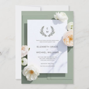 Invitation Cimier feuillus vert Sage officiel Monogramme Mari