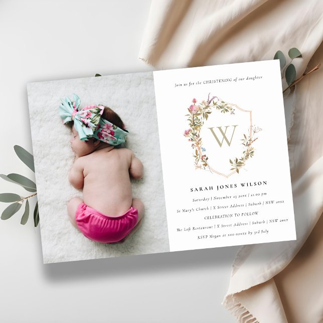 Invitation Cimier Fleur sauvage Dusky Blush Photo Christening (Créateur téléchargé)
