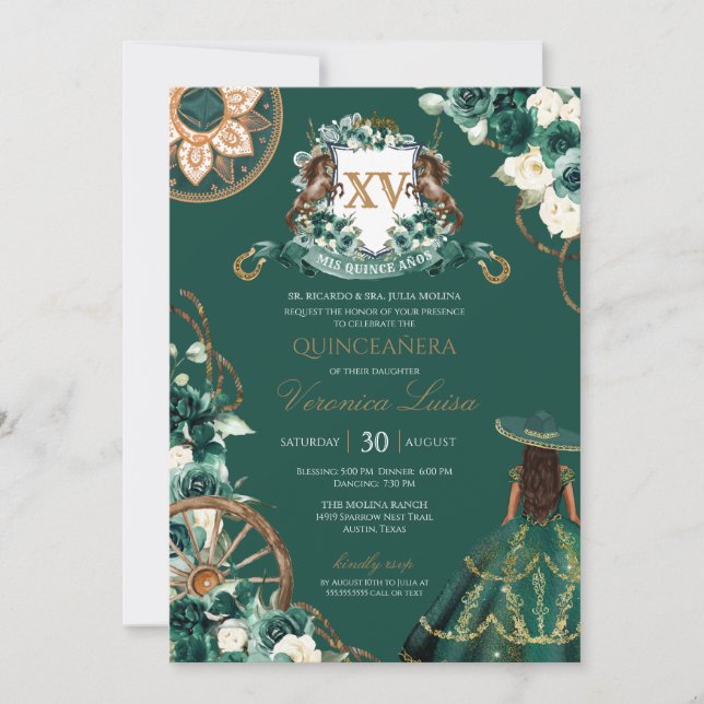 Invitation Cimier floral Emerald Green Charro Quinceañera (Devant)