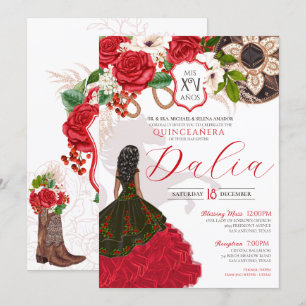Invitation Cimier floral Rouge Rose Charro Quinceañera Invita