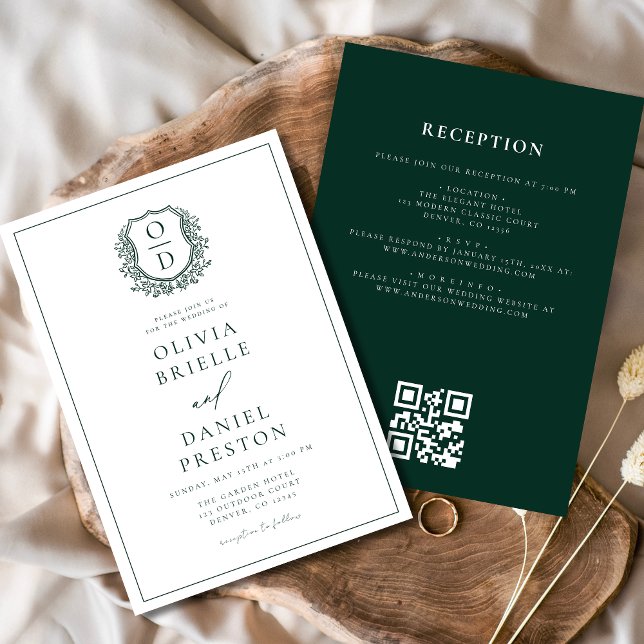 Invitation Cimier floral vert foncé Monogramme Mariage QR Cod (Créateur téléchargé)