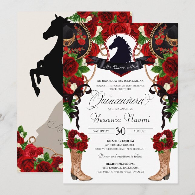 Invitation Cimier rouge Rose Horse Charro Ouest élégant Quinc (Devant / Derrière)