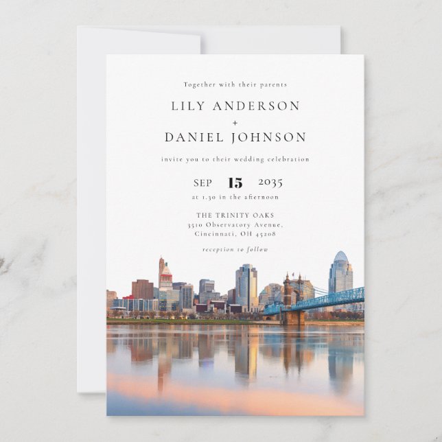 Invitation Cincinnati Skyline Watercolor QR Code Wedding (Devant)