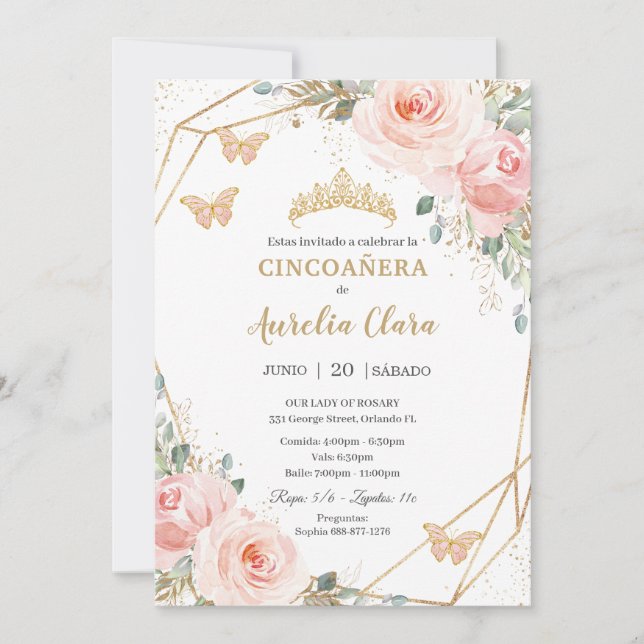 Invitation Cincoañera Blush rose Floral Papillons Princesse (Devant)