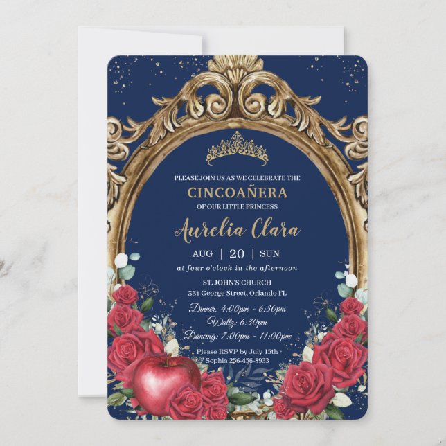 Invitation Cincoañera Roses rouges Flore Neige Blanche Or Fra (Devant)