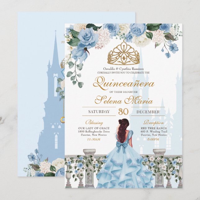 Invitation Cinderella Blue Floral Gold Princesse Quinceanera (Devant / Derrière)