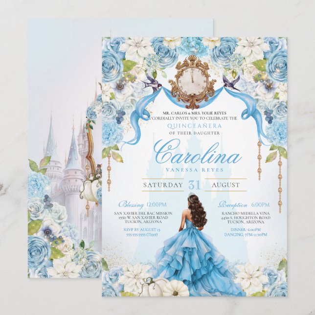 Invitation Cinderella Blue Gold Luxe Princesse Quinceanera (Devant / Derrière)