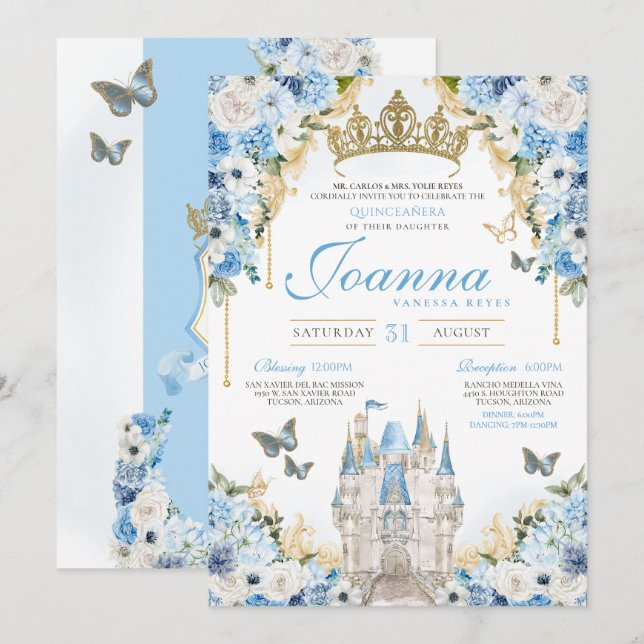 Invitation Cinderella Blue Gold Princess Castle Quinceanera (Devant / Derrière)