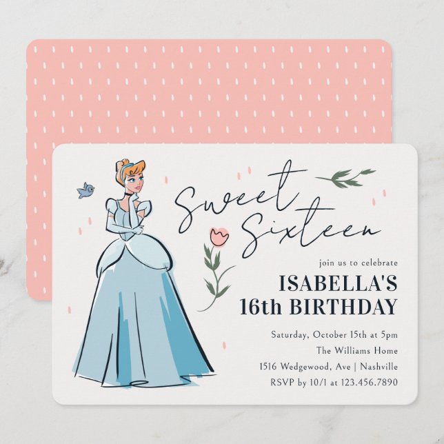 Invitation Cinderella Sweet 16 Floral Birthday (Devant / Derrière)