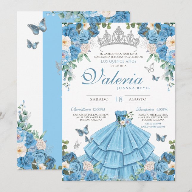 Invitation Cinderlla Blue Silver Elégante Princesse Quinceañe (Devant / Derrière)