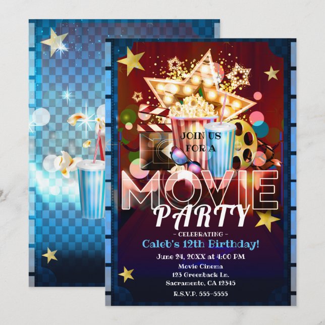 Invitation Cinéma Films Vidéo Nuit Anniversaire Fête (Devant / Derrière)