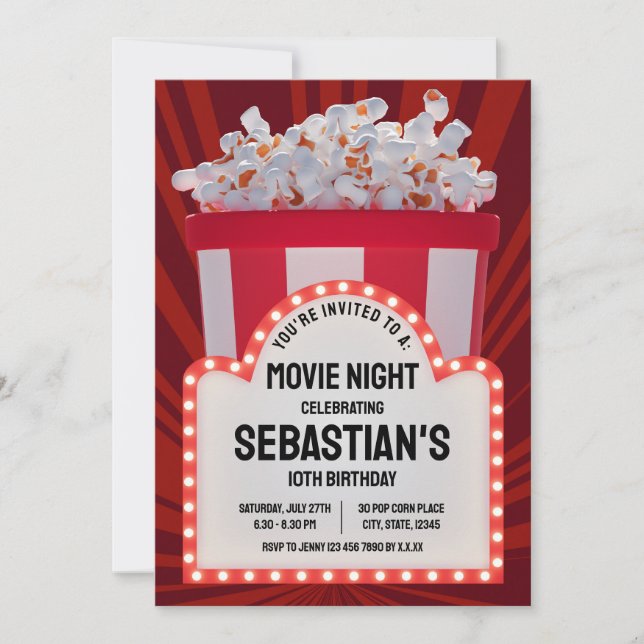 Invitation Cinéma rétro - Symbole et Popcorn Anniversaire Soi (Devant)