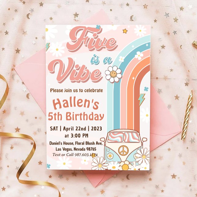 Invitation Cinq a Vibe Super Retro Rainbow 5e anniversaire (Créateur téléchargé)