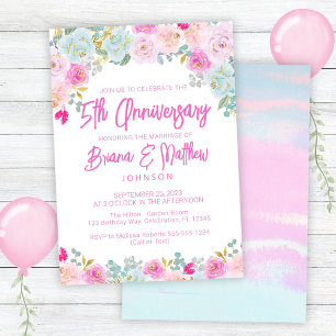 Invitation Cinq ans de mariage Fleurs rose et bleu