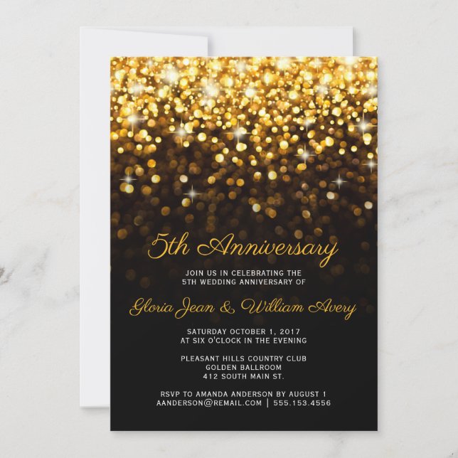Invitation Cinq ans de mariage Hollywood Glam Noir Or (Devant)