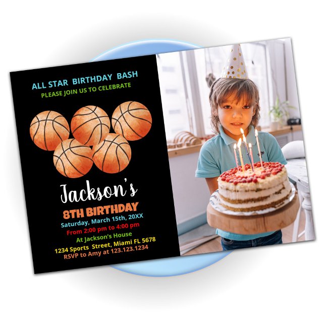 Invitation Cinq Black Orange Basketball Anniversaire Photo (Créateur téléchargé)