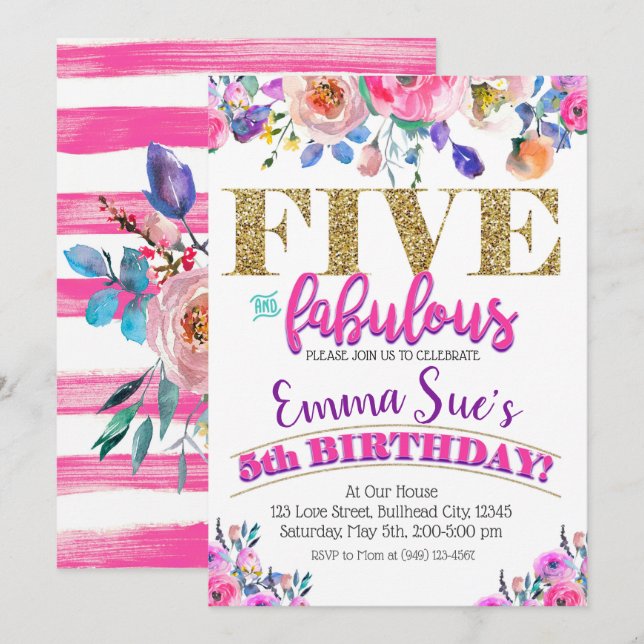Invitation Cinq et fabuleuses filles Floral 5e anniversaire (Devant / Derrière)