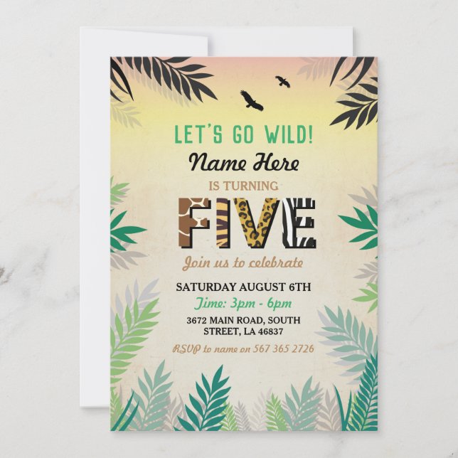 Invitation Cinq Jungle 5e anniversaire de fête Safari ZOO Inv (Devant)