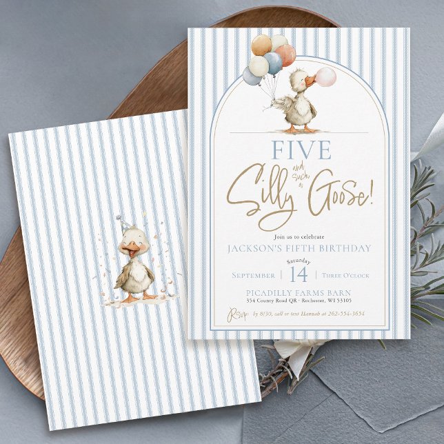 Invitation CINQ Silly Goose Cute Pinstripe Boy 4e anniversair (FIVE Silly Goose blue ticking pinstripes modern arch whimsical geese boys 5th birthday invitations)