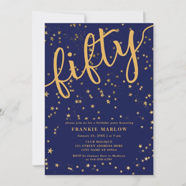 Invitation Cinquante Blue Gold Parties scintillant Moderne 50 (Devant)