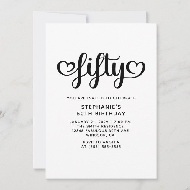 Invitation Cinquante Coeurs mignons Script 50e anniversaire (Devant)