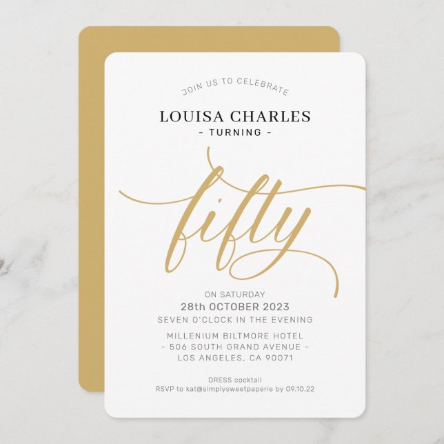 Invitation CINQUANTE élégant anniversaire chic script or mode (Devant / Derrière)
