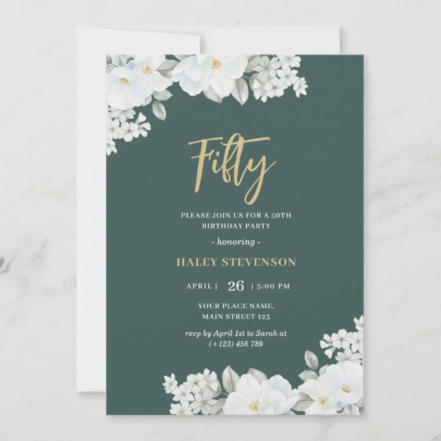 Invitation Cinquante Emerald Green & Gold White Floral Annive (Devant)