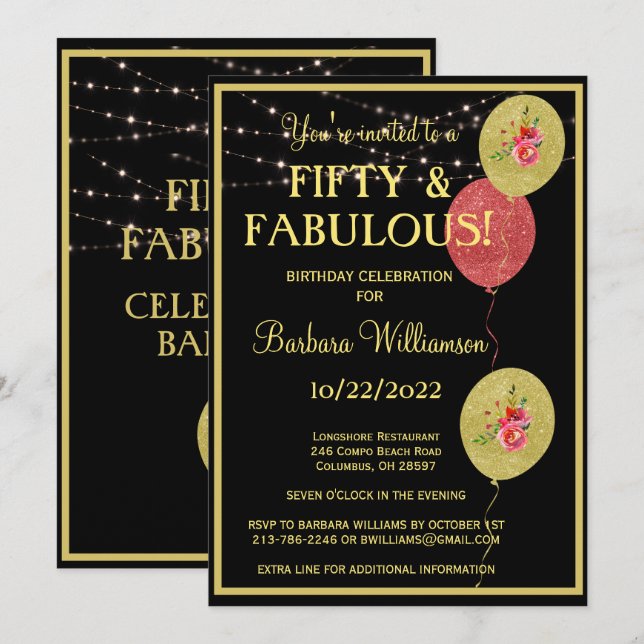 Invitation Cinquante et fabuleux anniversaire Black Gold (Devant / Derrière)