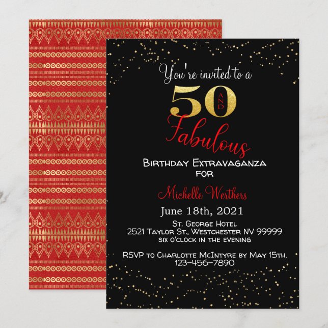Invitation Cinquante et fabuleux anniversaire Black Red Gold  (Devant / Derrière)