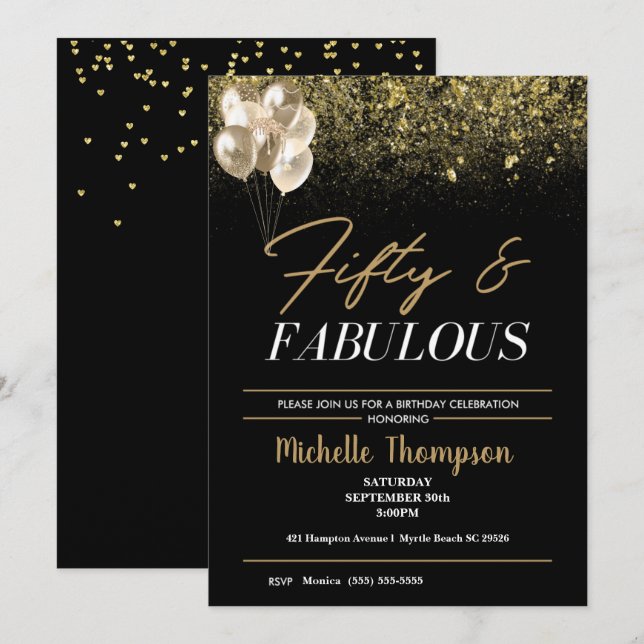 Invitation Cinquante et fabuleux anniversaire d'or féminin (Devant / Derrière)