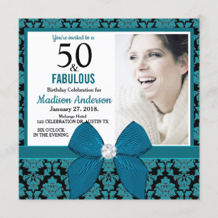 Invitation Cinquante et fabuleux damas noir turquoise 50e ann