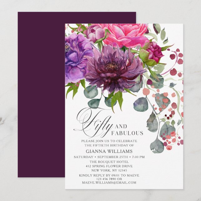 Invitation Cinquante et fabuleux Elégant Floral 50e Anniversa (Devant / Derrière)