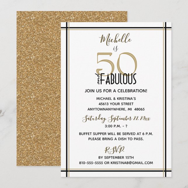 Invitation Cinquante et fabuleux fête d'anniversaire (Devant / Derrière)