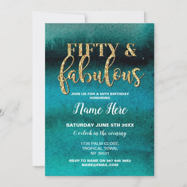 Invitation Cinquante et fabuleux fête d'anniversaire Turquois (Devant)