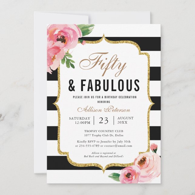 Invitation Cinquante et fabuleux Floral 50e fête d'anniversai (Devant)