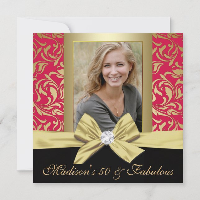 Invitation Cinquante et fabuleux or rouge damask 50e annivers (Devant)