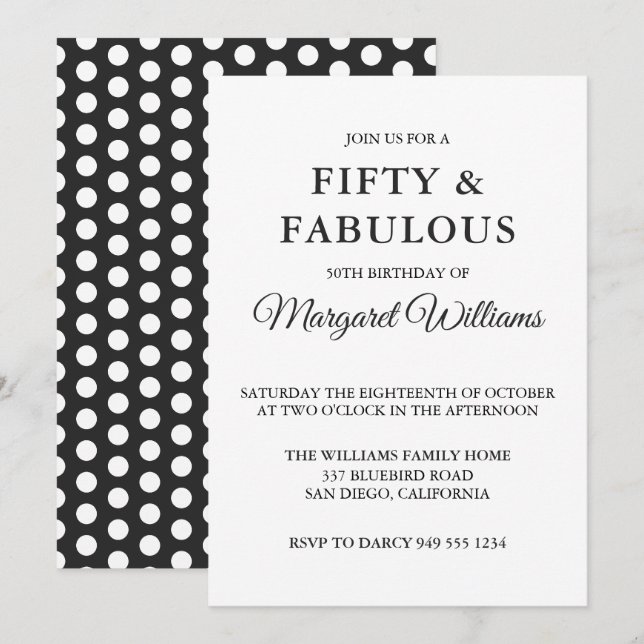 Invitation Cinquante et fabuleux Pois noir blanc tendance (Devant / Derrière)