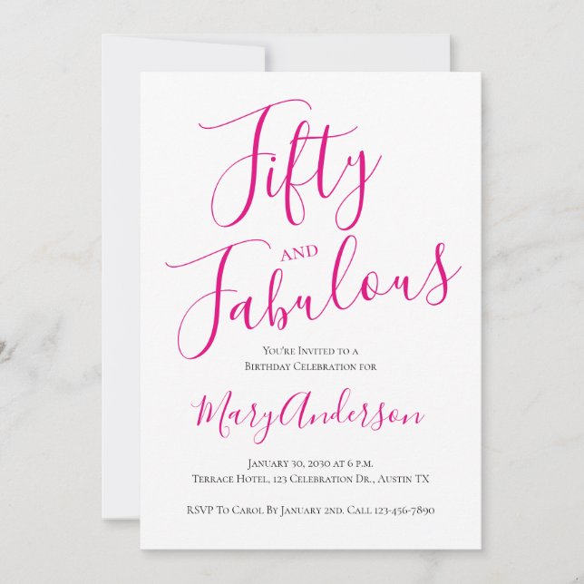 Invitation Cinquante et fabuleux Script rose 50e fête d'anniv (Devant)