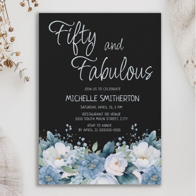 Invitation Cinquante Fabuleux Dusty Bleu Blanc Floral Noir 50 (Dusty blue floral on black "Fifty and Fabulous" 50th birthday party invitation.)