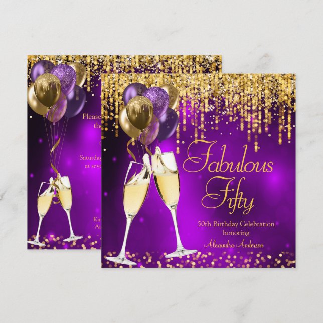 Invitation Cinquante Parties scintillant violet fabuleuse Cha (Devant / Derrière)
