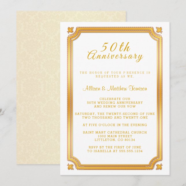 Invitation cinquantième Anniversaire de mariage d'or (Devant / Derrière)