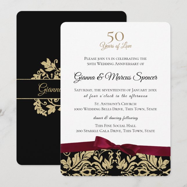 Invitation Cinquantième anniversaire de mariage en or damassé (Devant / Derrière)