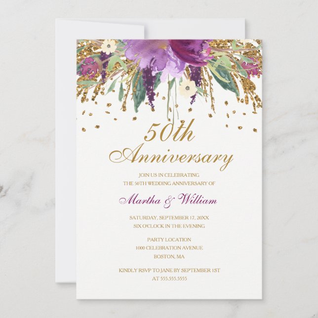 Invitation Cinquantième anniversaire de mariage Floral Glitte (Devant)