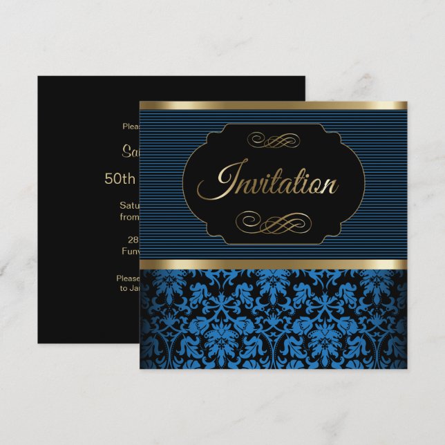 Invitation cinquantième Bleu de la fête d'anniversaire |, or (Devant / Derrière)