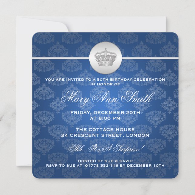 Invitation Cinquantième bleu royal élégant de couronne de (Devant)