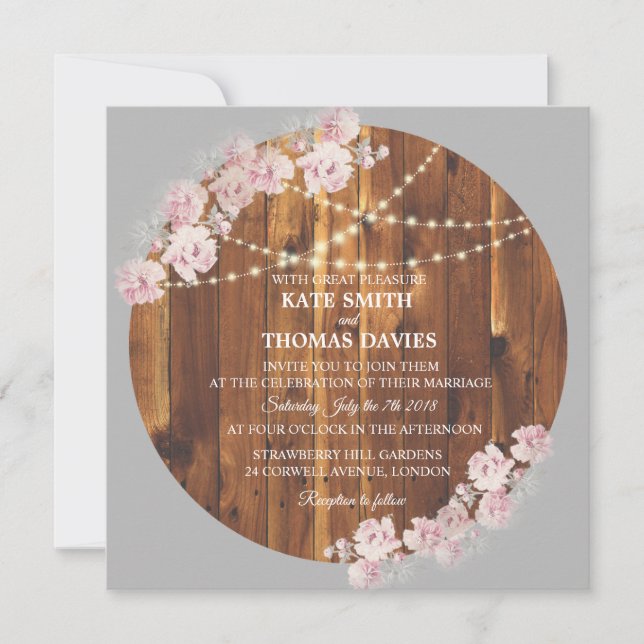Invitation Circle Floral Chaînes lumineuses Bois Mariage Invi (Devant)