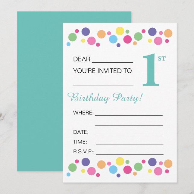 Invitation Circles illusima, Turquoise, 1er anniversaire (Devant / Derrière)