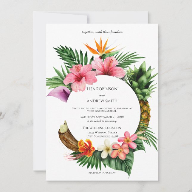 Invitation Circulaire Tropical Hawaiian Floral Mariage de noi (Devant)