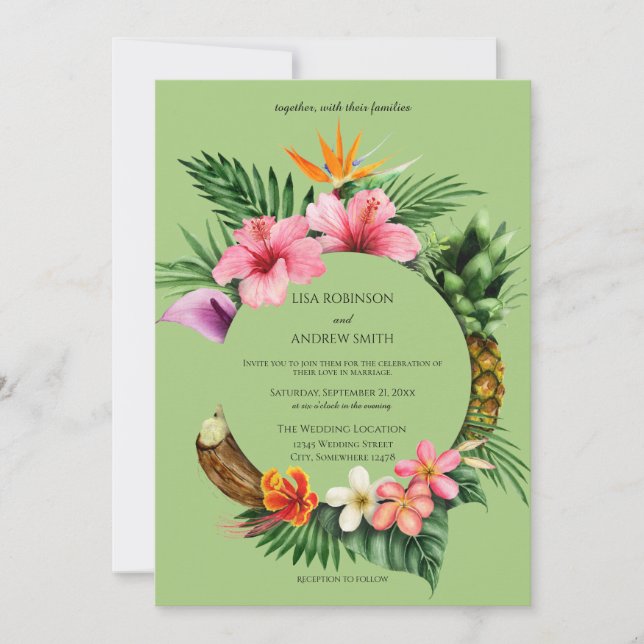 Invitation Circulaire Tropical Hawaiian Floral Mariage- Vert (Devant)